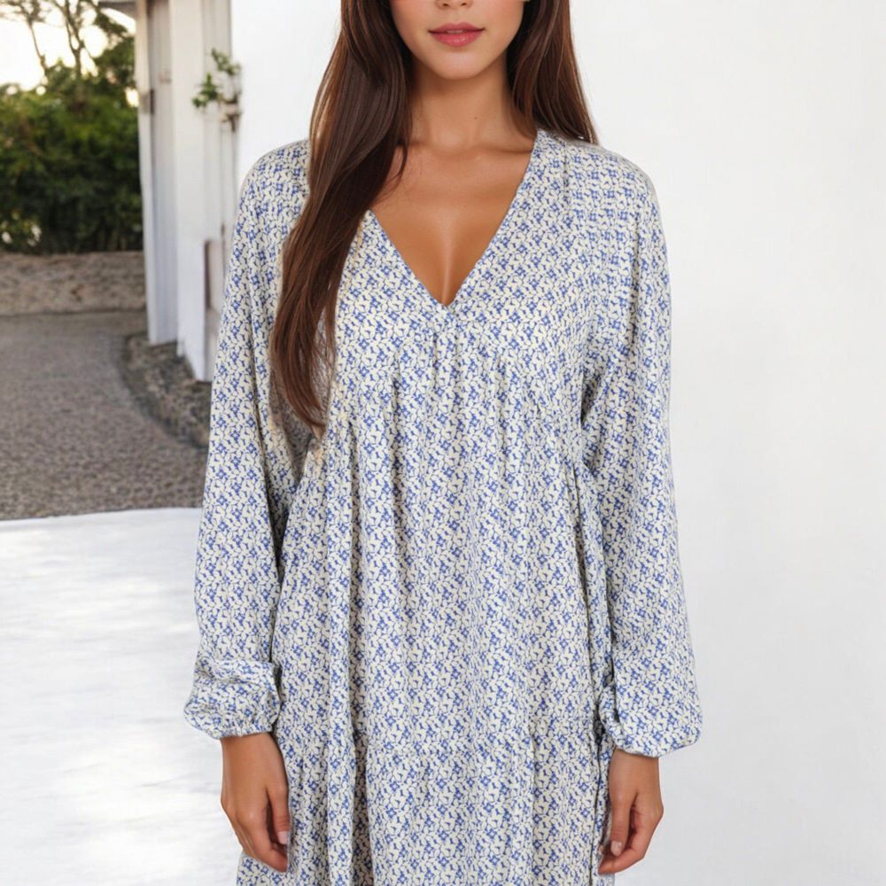 Long Sleeve V-Neck Boho Print Dress with Gathered Waist and Relaxed Fit