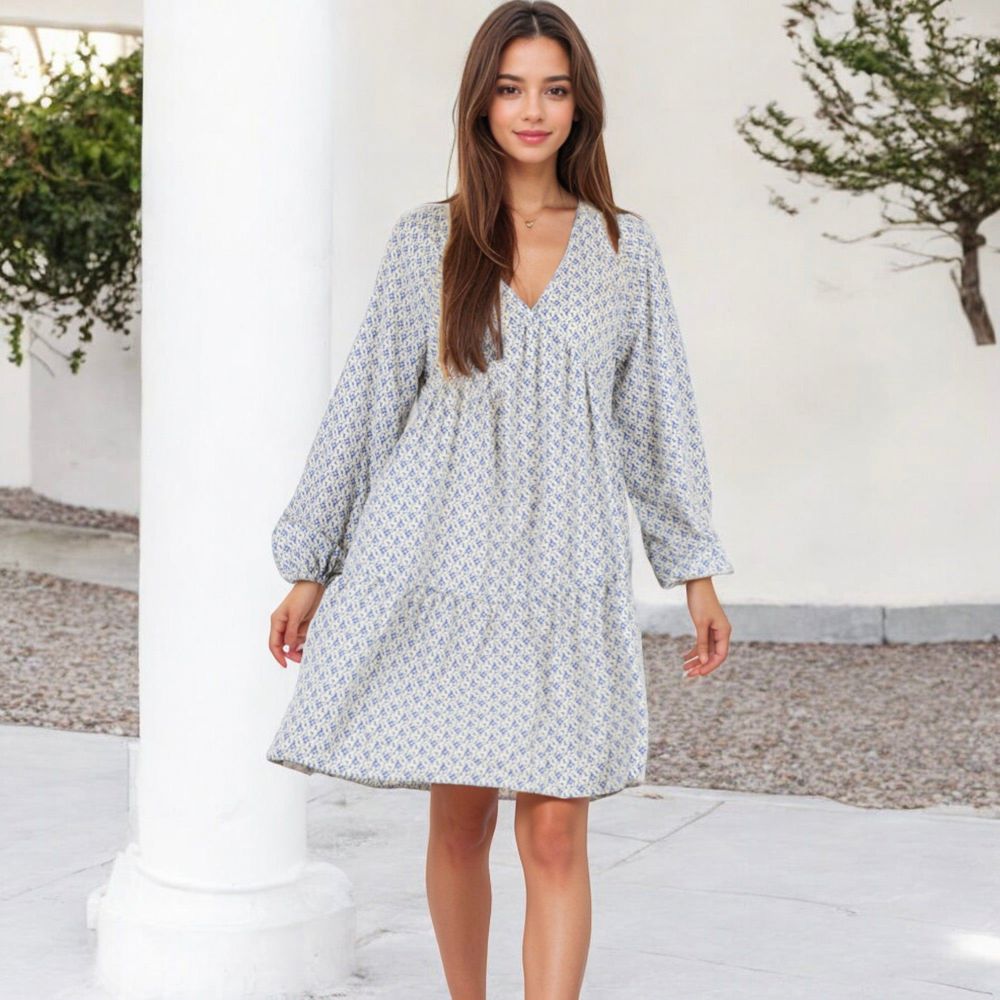 Long Sleeve V-Neck Boho Print Dress with Gathered Waist and Relaxed Fit