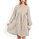 Beige Large Long Sleeve V-Neck Boho Print Dress with Gathered Waist and Relaxed Fit