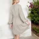 Beige Large Long Sleeve V-Neck Boho Print Dress with Gathered Waist and Relaxed Fit