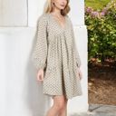 Beige Large Long Sleeve V-Neck Boho Print Dress with Gathered Waist and Relaxed Fit