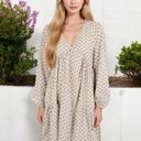 Beige Large Long Sleeve V-Neck Boho Print Dress with Gathered Waist and Relaxed Fit