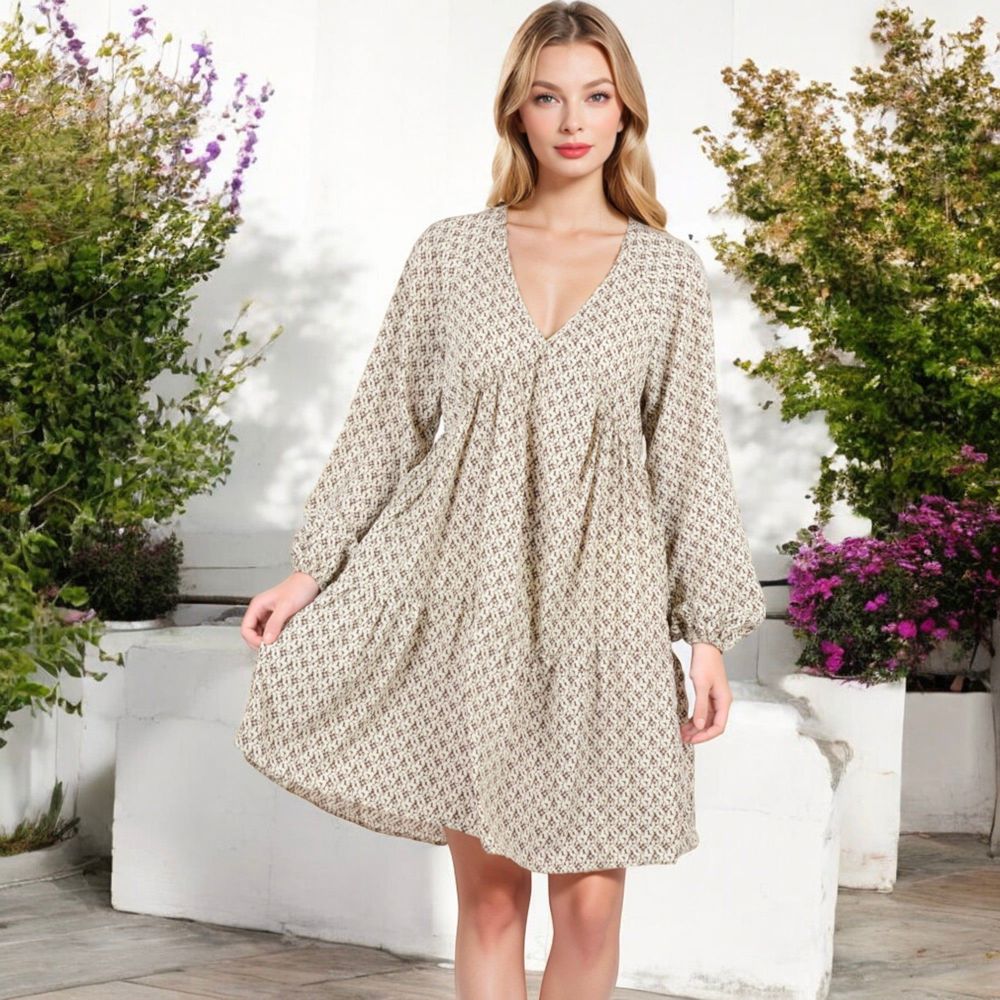 Long Sleeve V-Neck Boho Print Dress with Gathered Waist and Relaxed Fit