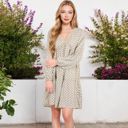 Beige XL Long Sleeve V-Neck Boho Print Dress with Gathered Waist and Relaxed Fit