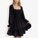  Long Sleeve Smocked Bodice Square Neck Dress with Ruffle Hem Detail Casual Fit and Flare Dress