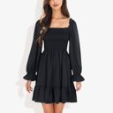  Long Sleeve Smocked Bodice Square Neck Dress with Ruffle Hem Detail Casual Fit and Flare Dress