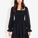  Long Sleeve Smocked Bodice Square Neck Dress with Ruffle Hem Detail Casual Fit and Flare Dress