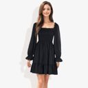  Long Sleeve Smocked Bodice Square Neck Dress with Ruffle Hem Detail Casual Fit and Flare Dress