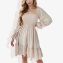 Beige Large Long Sleeve Smocked Bodice Square Neck Dress with Ruffle Hem Detail Casual Fit and Flare Dress