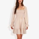 Beige Large Long Sleeve Smocked Bodice Square Neck Dress with Ruffle Hem Detail Casual Fit and Flare Dress