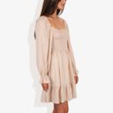 Beige Large Long Sleeve Smocked Bodice Square Neck Dress with Ruffle Hem Detail Casual Fit and Flare Dress