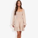 Beige Large Long Sleeve Smocked Bodice Square Neck Dress with Ruffle Hem Detail Casual Fit and Flare Dress