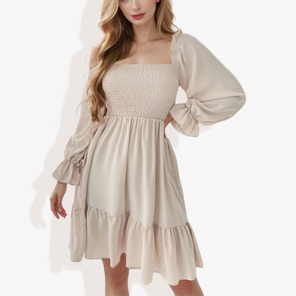 Long Sleeve Smocked Bodice Square Neck Dress with Ruffle Hem Detail Casual Fit and Flare Dress