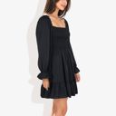 Black Large Long Sleeve Smocked Bodice Square Neck Dress with Ruffle Hem Detail Casual Fit and Flare Dress