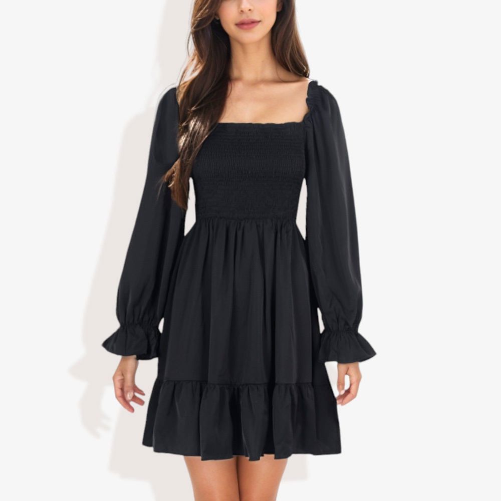 Long Sleeve Smocked Bodice Square Neck Dress with Ruffle Hem Detail Casual Fit and Flare Dress