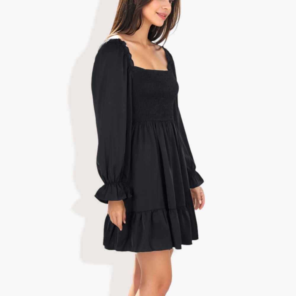 Long Sleeve Smocked Bodice Square Neck Dress with Ruffle Hem Detail Casual Fit and Flare Dress