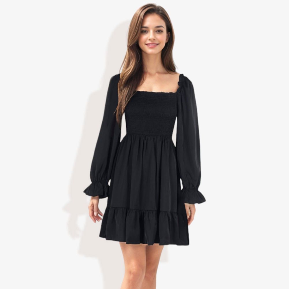 Long Sleeve Smocked Bodice Square Neck Dress with Ruffle Hem Detail Casual Fit and Flare Dress