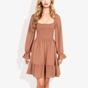 Brown Large Long Sleeve Smocked Bodice Square Neck Dress with Ruffle Hem Detail Casual Fit and Flare Dress