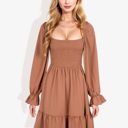 Brown Large Long Sleeve Smocked Bodice Square Neck Dress with Ruffle Hem Detail Casual Fit and Flare Dress