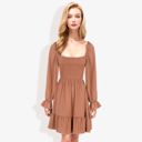 Brown Large Long Sleeve Smocked Bodice Square Neck Dress with Ruffle Hem Detail Casual Fit and Flare Dress