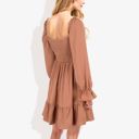 Brown Large Long Sleeve Smocked Bodice Square Neck Dress with Ruffle Hem Detail Casual Fit and Flare Dress