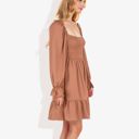 Brown Large Long Sleeve Smocked Bodice Square Neck Dress with Ruffle Hem Detail Casual Fit and Flare Dress