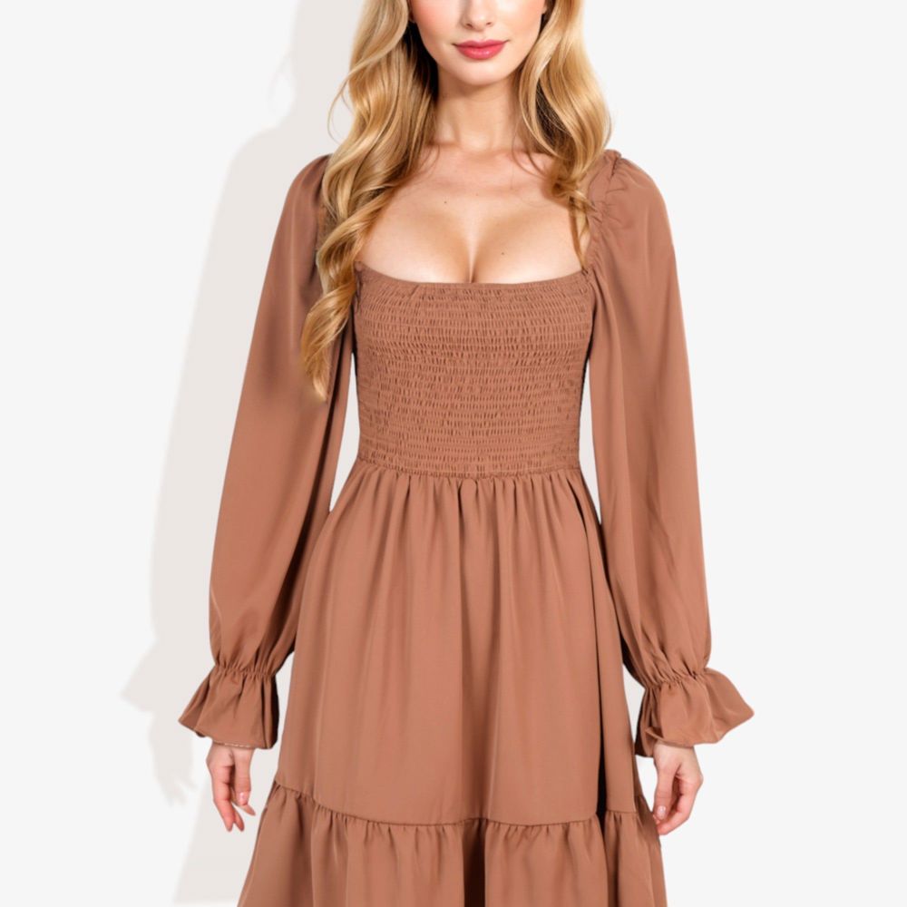 Long Sleeve Smocked Bodice Square Neck Dress with Ruffle Hem Detail Casual Fit and Flare Dress