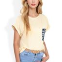 Beige Large Short Sleeve Top with Rolled Cuffs and Zebra Print Front Pocket Detail