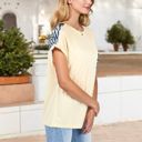 Beige Large Short Sleeve Top with Rolled Cuffs and Zebra Print Front Pocket Detail