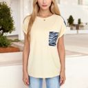 Beige Large Short Sleeve Top with Rolled Cuffs and Zebra Print Front Pocket Detail