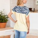 Beige Large Short Sleeve Top with Rolled Cuffs and Zebra Print Front Pocket Detail