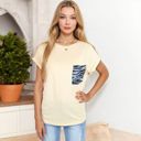 Beige Small Short Sleeve Top with Rolled Cuffs and Zebra Print Front Pocket Detail