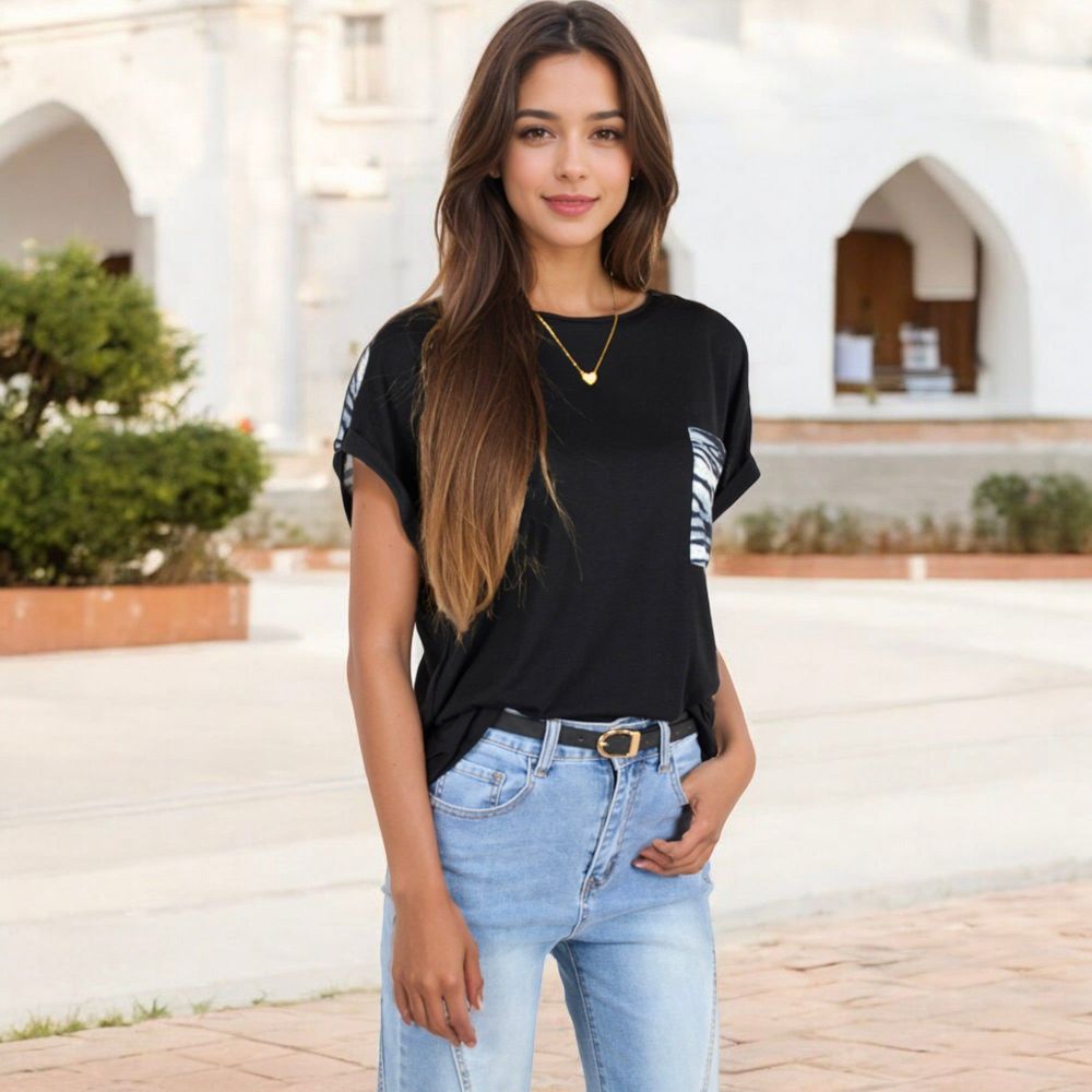 Short Sleeve Top with Rolled Cuffs and Zebra Print Front Pocket Detail