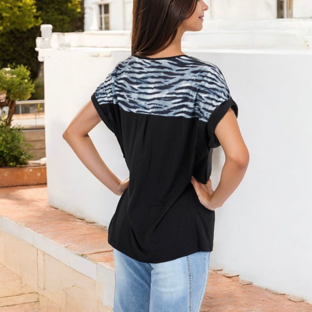 Short Sleeve Top with Rolled Cuffs and Zebra Print Front Pocket Detail