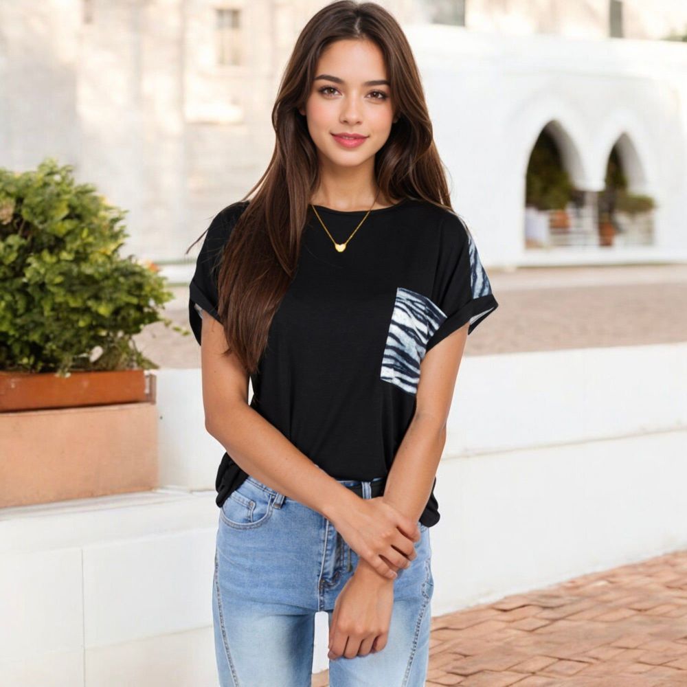 Short Sleeve Top with Rolled Cuffs and Zebra Print Front Pocket Detail