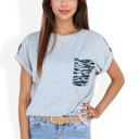 Gray Large Short Sleeve Top with Rolled Cuffs and Zebra Print Front Pocket Detail