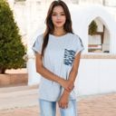 Gray Large Short Sleeve Top with Rolled Cuffs and Zebra Print Front Pocket Detail