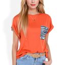 Orange Large Short Sleeve Top with Rolled Cuffs and Zebra Print Front Pocket Detail