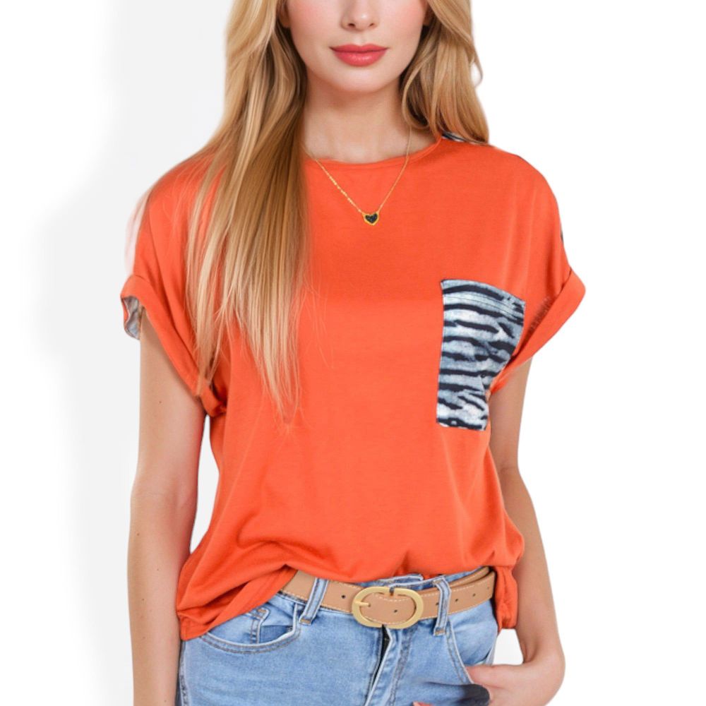 Short Sleeve Top with Rolled Cuffs and Zebra Print Front Pocket Detail