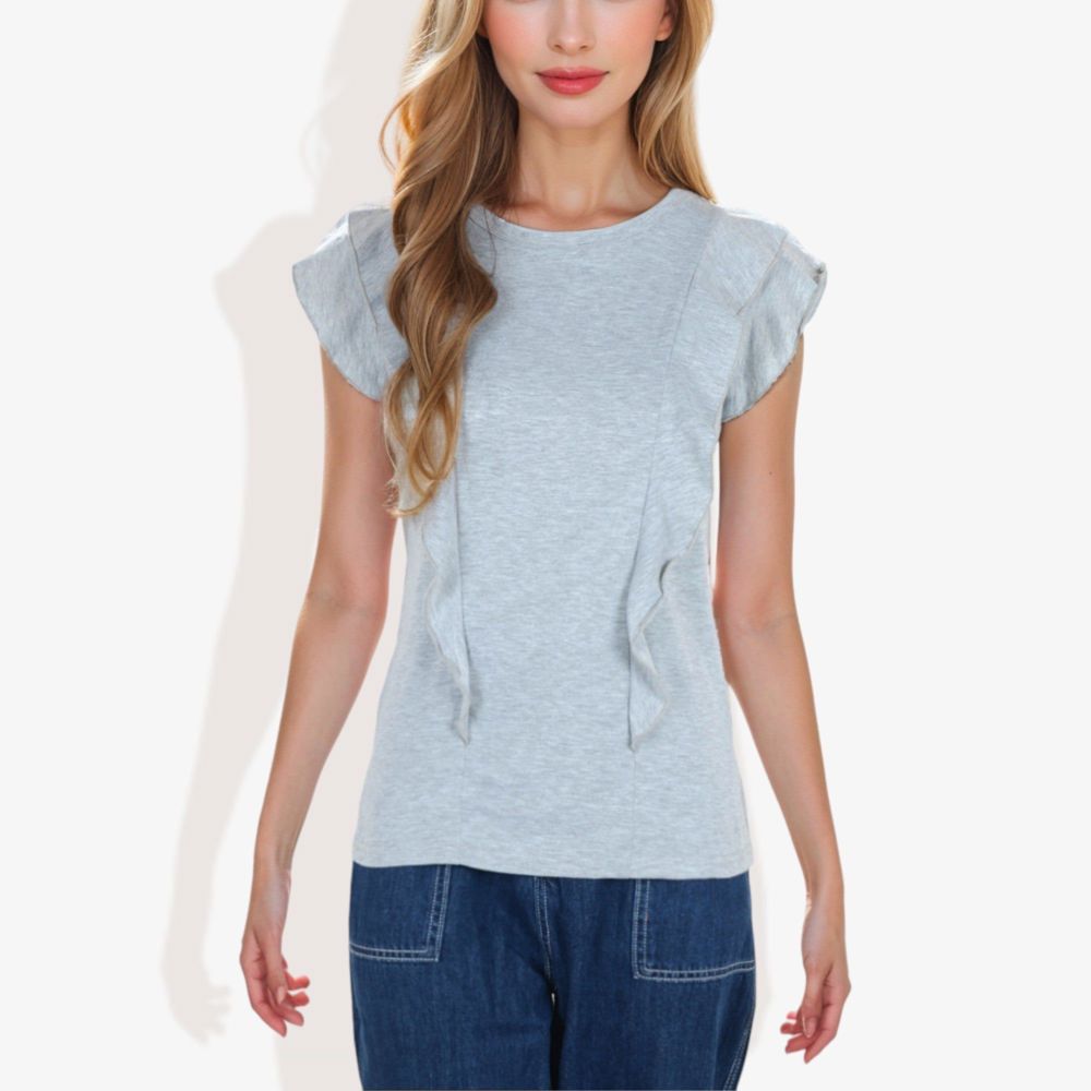 Round Neck Ruffle Detail Short Sleeve Layering Long T-Shirt Casual Top