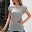 Gray Large Round Neck Ruffle Detail Short Sleeve Layering Long T-Shirt Casual Top