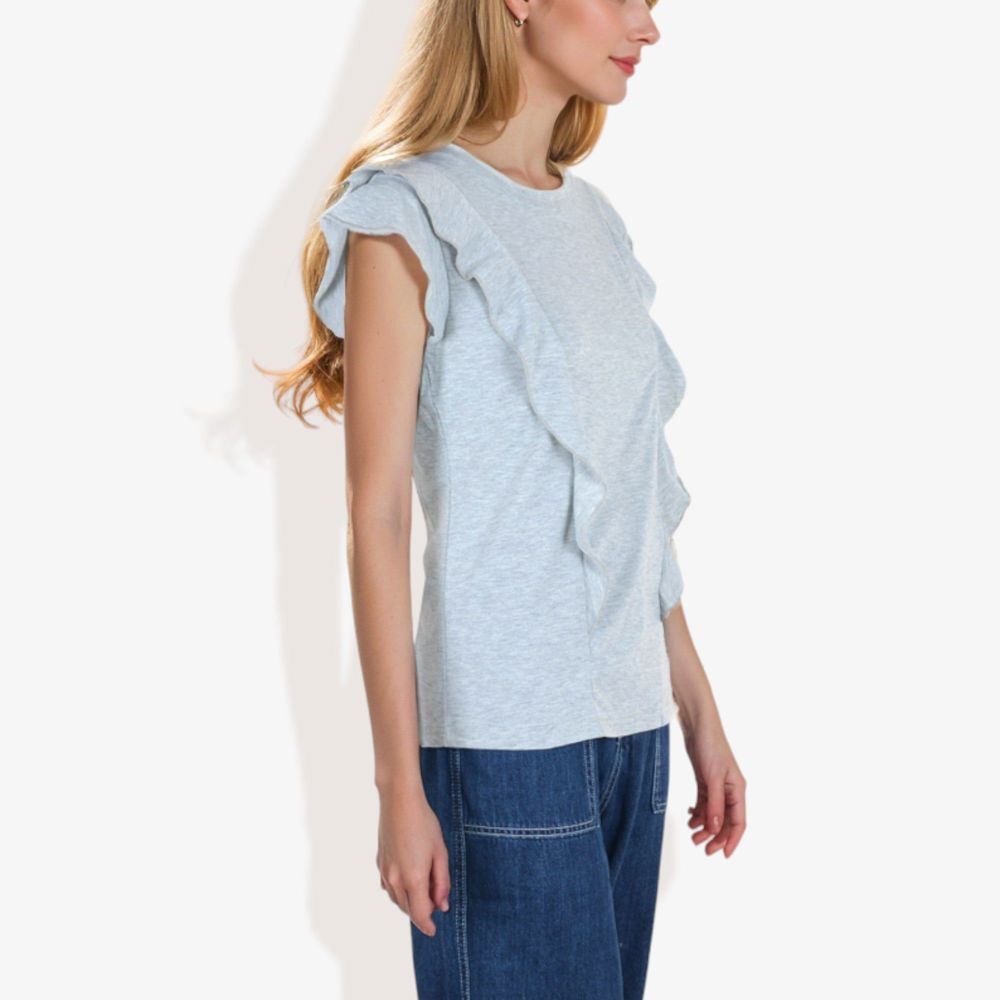 Round Neck Ruffle Detail Short Sleeve Layering Long T-Shirt Casual Top