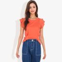 Orange Medium Round Neck Ruffle Detail Short Sleeve Layering Long T-Shirt Casual Top