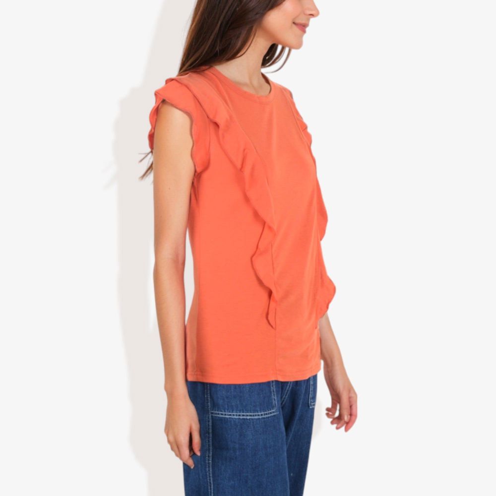 Round Neck Ruffle Detail Short Sleeve Layering Long T-Shirt Casual Top