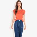 Orange Medium Round Neck Ruffle Detail Short Sleeve Layering Long T-Shirt Casual Top