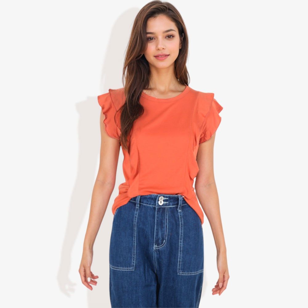 Round Neck Ruffle Detail Short Sleeve Layering Long T-Shirt Casual Top