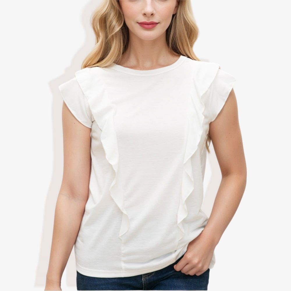 Round Neck Ruffle Detail Short Sleeve Layering Long T-Shirt Casual Top