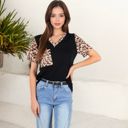  V-Neck Leopard Print Pocket Tee with Contrast Sleeves Casual Relaxed Fit for Everyday Comfort