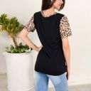  V-Neck Leopard Print Pocket Tee with Contrast Sleeves Casual Relaxed Fit for Everyday Comfort