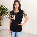  V-Neck Leopard Print Pocket Tee with Contrast Sleeves Casual Relaxed Fit for Everyday Comfort